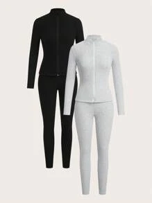 SHEIN EZwear Set de 2 piezas de chaqueta con cremallera y cuello acanalado de unicolor casual y leggings para mujer, otoño