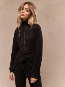 MISSGUIDED Zip Through Collar Full Sleeve Crop Top With Slim Elastic Waist Jogger Cozy 2 Piece Sweater Loungewear Set