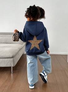 SHEIN Moletom com Capuz de Estampa de Leopardo e Estrela para Meninas Jovens, Adequado para Uso Casual do Dia a Dia com Certo Calor, Combinando Mãe e Filha, Combinando Irmã e Eu, Roupas de Estilo Esportivo, Ótimo para Uso Casual e Diário e Escola em Outono e Inverno