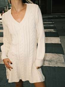 SHEIN EZwear Women's V-Neck Lantern Sleeve Cinched Waist Knitted Dress With Tie Belt, Apricot Color, Autumn/Winter