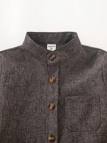 SHEIN Áo sơ mi dài tay vá túi thường ngày cho bé trai, họa tiết chữ, mùa thu - Cà phê nâu - Xem 3