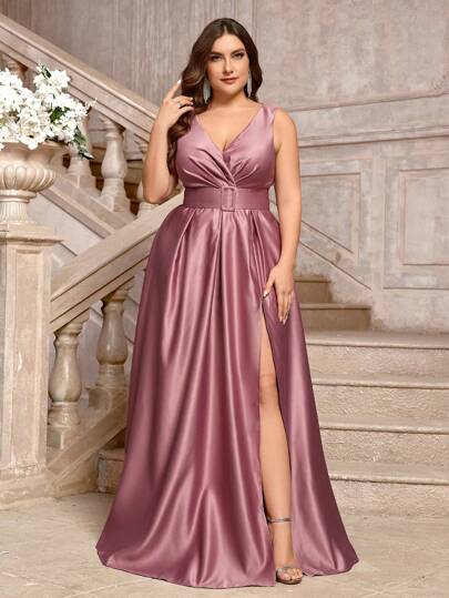 SHEIN Belle Vestido formal y elegante de noche tipo A con cuello en V profundo, superposición minimalista, cinturón y abertura alta para talla grande, apto para fiesta de graduación, cena, fiesta