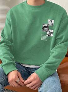 Manfinity Homme Áo nỉ hở vai họa tiết chữ rộng rãi cho nam - Màu xanh Bạc hà - Xem 1