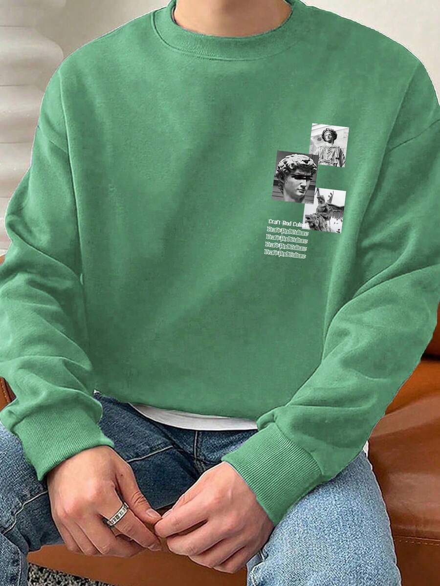 Manfinity Homme Áo nỉ hở vai họa tiết chữ rộng rãi cho nam - Màu xanh Bạc hà - Xem 1