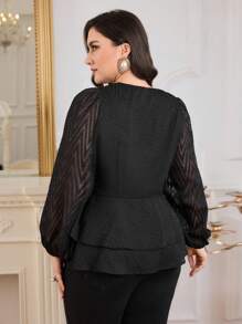 Modelyn Plus Size Elegant Solid Color Cutout Waist Blouse, Autumn - Black - View 4