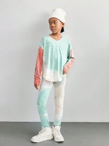 SHEIN 青少年女孩扎染印花 V 领插肩长袖 T 恤和裤子休闲 2 件套，秋季服装 - 彩色 - 查看 1