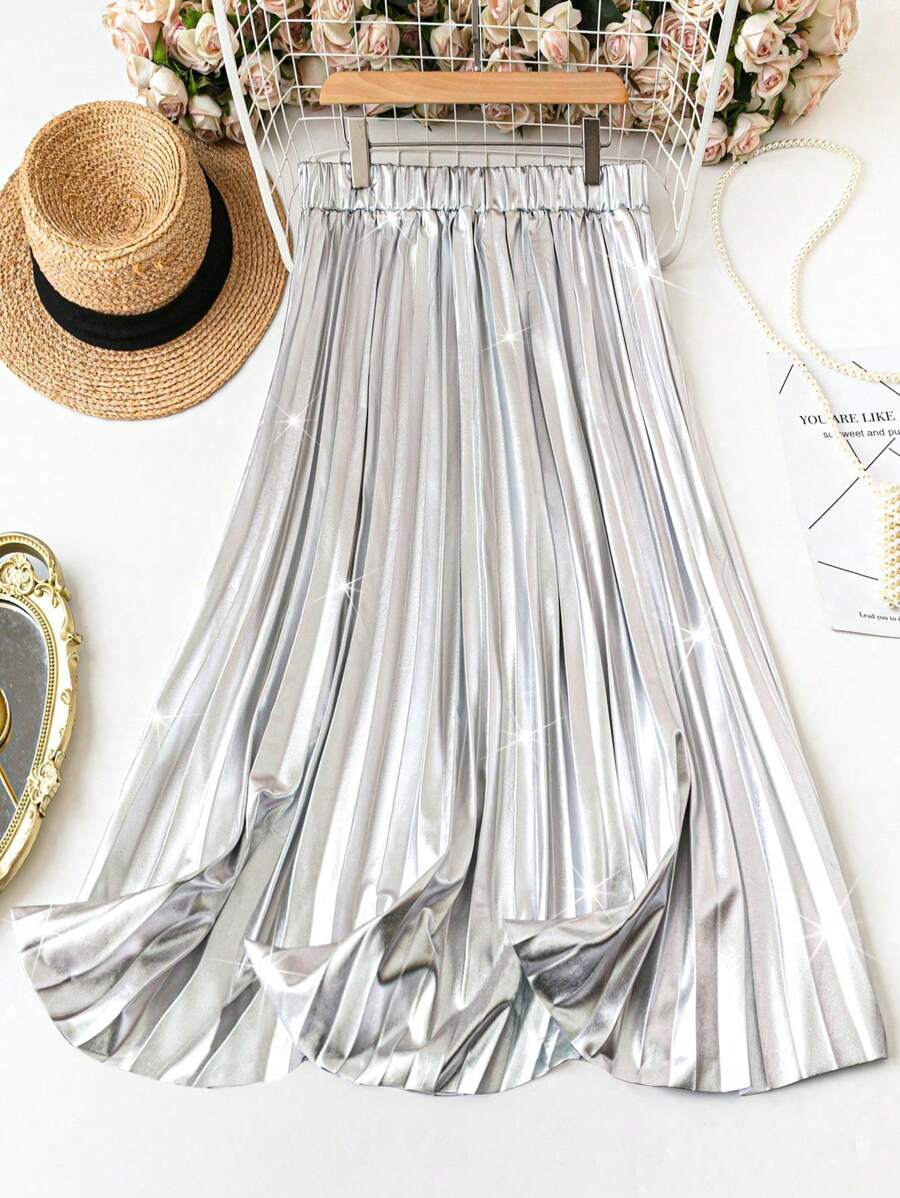 SHEIN Clasi Chân váy xếp ly kim loại cỡ lớn cho tiệc - Bạc - Xem 1