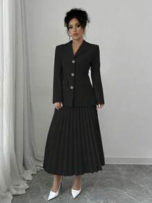 Elenzga Women Plain Front Button Long Sleeve Blazer And A-Line Pleated Skirt Suit Set - Black - View 4