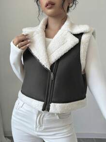 Firerie Áo khoác lông cừu rộng rãi ve nâu cho nữÁo khoác đen trắngÁo khoác dễ thươngÁo khoác cho bé gái - màu đen - Xem 8