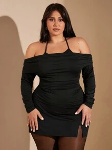 SHEIN BAE 大码秋冬优雅性感甜美女士黑色垂坠领挂脖吊带二合一长袖T恤上衣冬季女装 - 黑色 - 查看 4