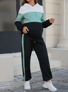 SHEIN 2 件套孕妇撞色连帽长袖运动衫和抽绳口袋裤子，适合孕妇 - 彩色 - 查看 9