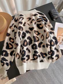 SHEIN LUNE Jersey de punto con cuello redondo, recorte de estampado de leopardo y manga larga, de mezcla de lana suave, de moda y versátil, para otoño/invierno