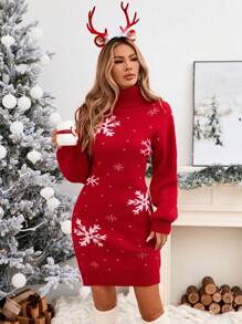SHEIN LUNE 女式圣诞红色雪花图案高领毛衣连衣裙，秋冬 - 紅色 - 查看 5