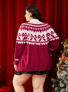 SHEIN MOD Suéter cálido de talla grande con diseño de lazo rosa y motivo navideño dulce - Rojo y blanco - Ver 2