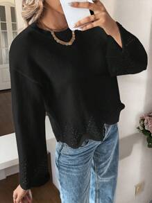 SHEIN Frenchy 女士纯色圆领喇叭袖弧形下摆宽松针织毛衣，秋冬 - 黑色 - 查看 5