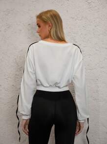 Hanevo Áo sweatshirt ngắn tay nữ phối màu tương phản, trang phục thể thao mùa thu, áo chui đầu mùa thu. - trắng - Xem 2