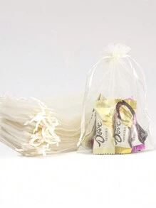 SHEIN 10个米色透明礼品包装袋，多种尺寸，适用于万圣节、婚礼、派对、旅行、生日、周年纪念日。束口欧根纱袋，适用于珠宝、糖果、文具和其他小物件。也适用于装饰、水果包装和防虫储存。适合派对和餐饮场合。圣诞节、情人节等节日送礼佳品。 - 米色 - 查看 3