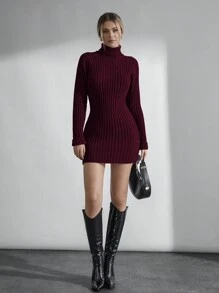 EURMUSE Women Solid Color High Neck Rib Knit Long Sleeve Sweater Dress - Burgundy - View 3