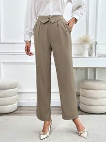 SHEIN Clasi Elastic Waist Straight Leg Trousers For Women, High-Waisted Casual Wide Leg Pants For Spring & Autumn