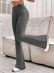 Pantalones deportivos de yoga con cintura alta, unicolor, acampanados, pantalones ajustados de compresión para correr y hacer ejercicio, ropa de mujer - Gris - Ver 3