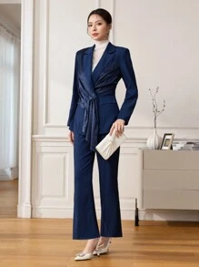 Modelyn Women's Navy Blue Patchwork Leopard Jacquard Suit Set, Professional And Chic, Autumn/Winter 2 Pieces Set