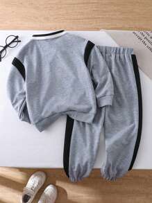 2pcs/Set Young Girl Fashion Casual Minimalist Letter C Graphic Polo Collar Long Sleeve Top + Striped Comfortable Pants, Korean Style Suit For Back To School Season, Spring Autumn - Grey - View 2