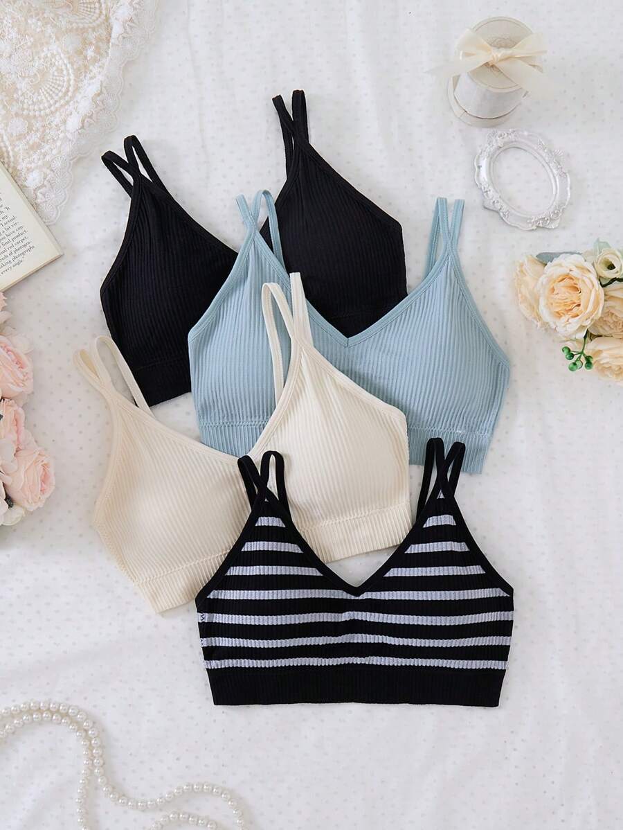 4pcs Teenage Girls Seamless Striped Backless Racerback Sports Bra Crop Top Set