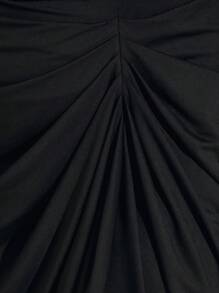 SHEIN BAE 大码女士优雅长袖派对连衣裙，黑色弹力针织面料，褶皱细节，不对称领口和荷叶边下摆，舒适弹力，及地长裙 - 黑色 - 查看 5