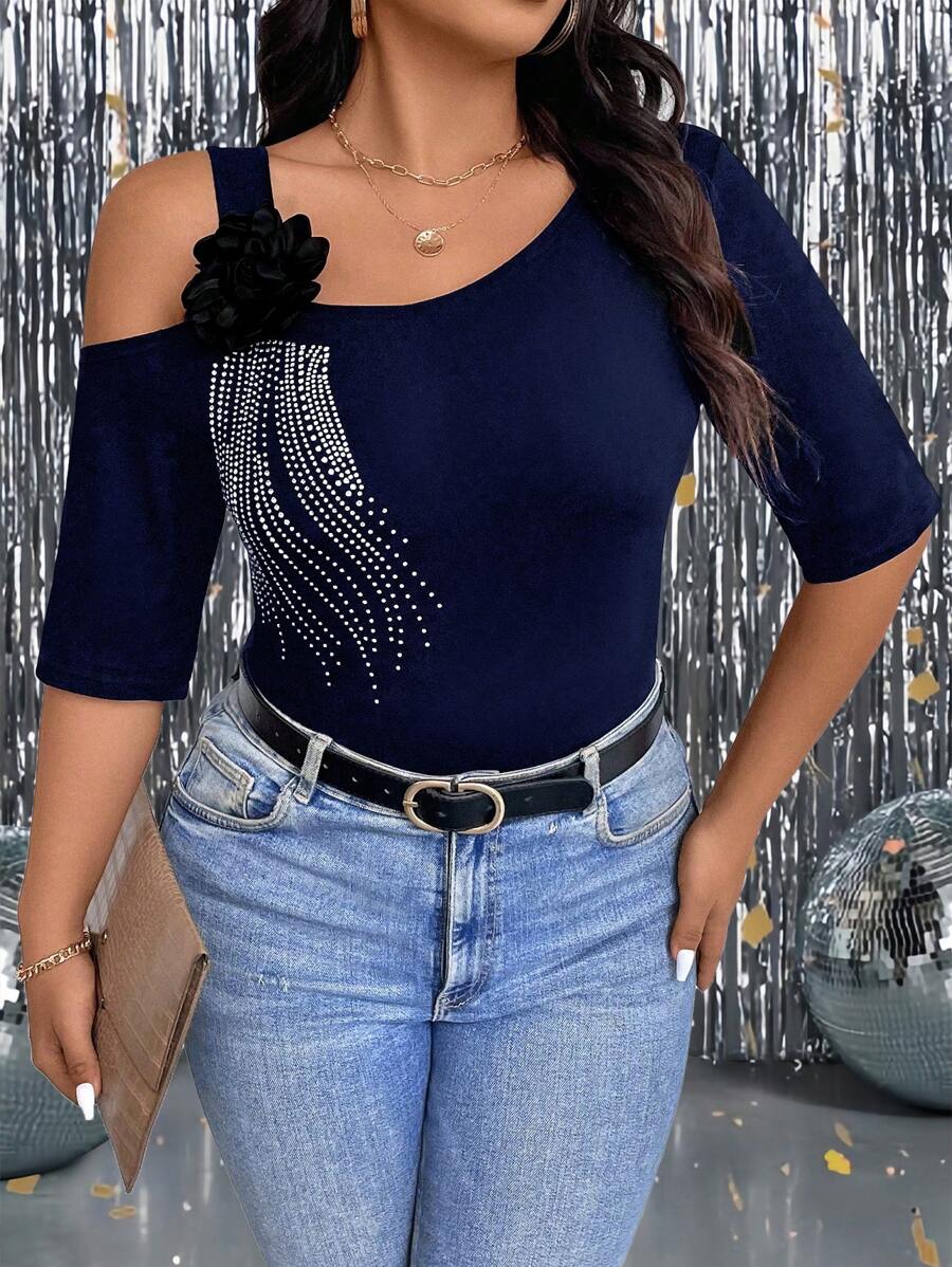 SHEIN Clasi Áo thun tiệc đính đá 3D hoa cỡ lớn màu đen - Màu xanh hải quân - Xem 1