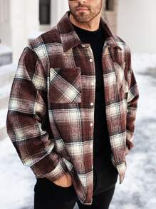 Manfinity Homme Plus Size Men's Front Button Long Sleeve Pocket Plaid Casual Overcoat, Fall Clothes