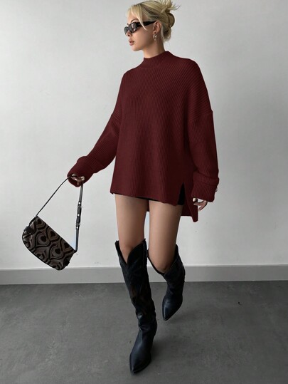 SHEIN Tall Tall Size Women Plain Stand Collar Long Sleeve Sweater, Casual For Daily Wear