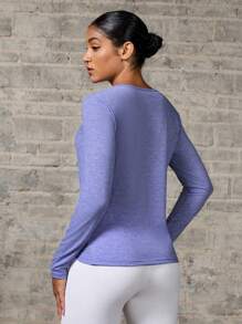 Easithlete Women Plain Notched V-Neck Long Sleeve Casual Sports T-Shirt