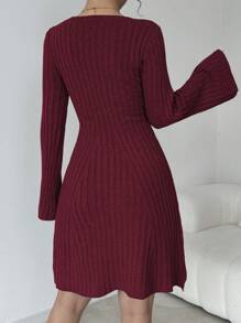 Elenzga Women Solid Color Round Neck Long Sleeve Casual Sweater Dress, Fall Autumn/Winter - Burgundy - View 2