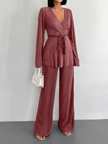 EURMUSE Bộ 2 món/Bộ đồ ngủ đơn giản cho nữ, áo dài tay buộc dây phía trước và quần dài - Bụi hồng - Xem 5