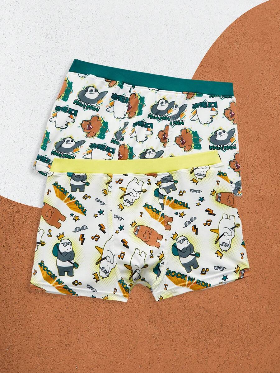 We Bare Bears X SHEIN 2pcs Tween Boy Cute Cartoon Bear & Letter Graphic Comfortable Boxer Briefs - White - View 1