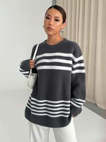 SHEIN Unity Women Casual Contrast Striped Loose Knit Pullover Sweater, Autumn/Winter, Knit Pullover Fall - Grey - View 6
