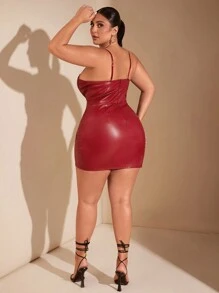 SHEIN BAE Plus Size Women Elegant Big Girl Charm Luxurious Party/Date Halloween Red Boned Bustier Spaghetti Strap Elastic PU Leather Mini Dress, Autumn/Winter,Birthday Dresses For Women - Red - View 8