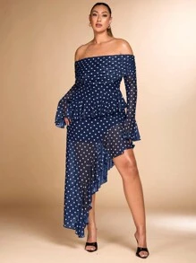 SHEIN BAE Plus Size Fall Elegant Sexy Sweet Woman Black And White Polka Dot Mesh Print One Shoulder Asymmetrical Ruffle Hem High Slit Long Dress - Navy Blue - View 4