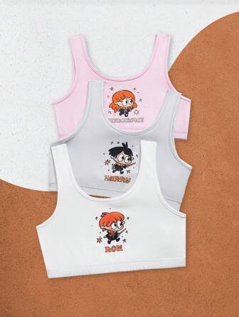 HARRY POTTER X SHEIN 3 件装少女卡通人物和字母印花舒适内衣上衣