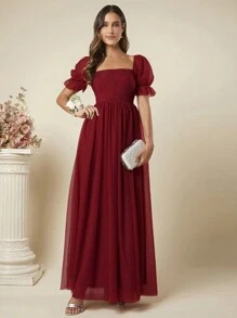 SHEIN Belle Solid Color Short Sleeve Pleated Simple Long Bridesmaid Dress For Adult, Elegant Dress