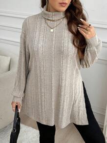 SHEIN LUNE Plus Size Turtleneck Long Sleeve Simple T-Shirt, Casual Everyday Wear Plus Size Fall Clothes, For Winter