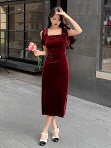 DAZY 女士丝绒中长款派对连衣裙，秋冬优雅婚礼女装红色女装圣诞鸡尾酒会礼服 - 酒紅色 - 查看 3