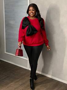 Slaydiva Plus Size Women Casual Loose Bowknot Decor Sweatshirt, Suitable For Everyday Wear In Autumn - Red - View 3