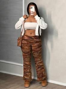 Slaydiva Pantalones acampanados de punto con cuello en V y cintura cruzada, pantalones largos esponjosos para mujer