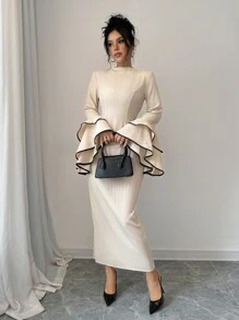 Selianne Elegant Color Block Ruffle Flare Sleeve Dress, Autumn Maxi Women Outfit - Apricot - View 4