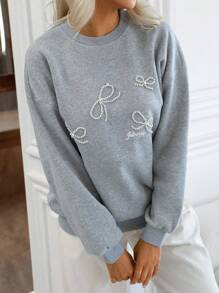 SHEIN LUNE New Autumn Fashion Casual Pearl Bow Round Neck Long Sleeve Print Women Sweatshirt Pullover Fall Outfit