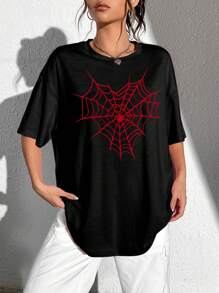 SHEIN EZwear 34% 纯棉休闲蜘蛛网印花宽松超大圆领短袖女式 T 恤，适合夏季 - 黑色 - 查看 3