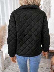 SHEIN LUNE Women Casual Solid Color Thermal Lined Padded Coat, Regular Style For Autumn/Winter - Black - View 2