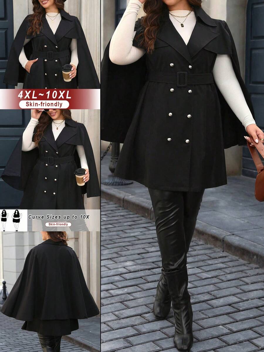 SHEIN Unity 大码女式大领双排扣带腰带斗篷风衣 - 黑色 - 查看 1