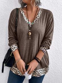 大码豹纹拼布V领长袖宽松常规T恤图案猎豹印花T恤女式春季上衣